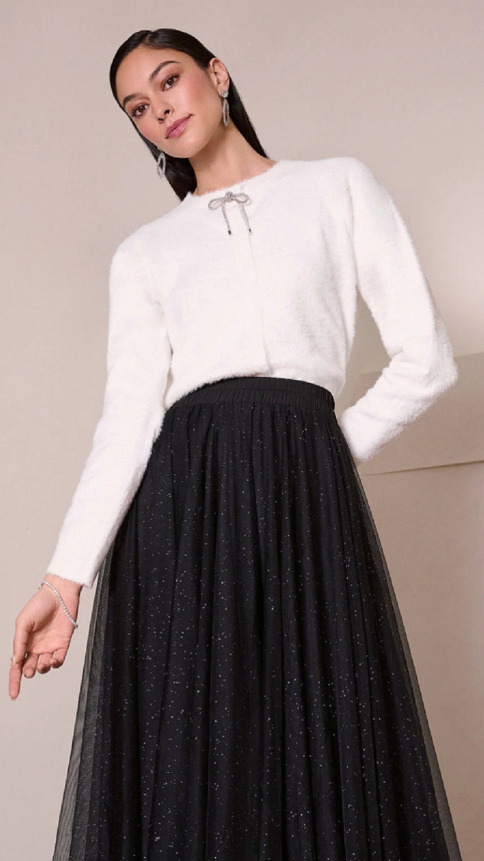 Joseph Ribkoff Feather Yarn Cardigan with Rhinestone Bow