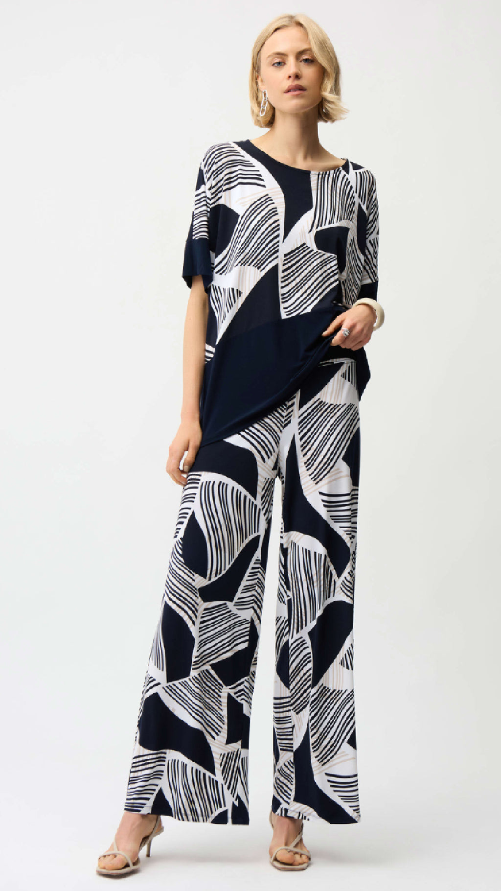 Joseph Ribkoff Silky Knit Geometric Print Asymmetrical Cocoon Top or Pull On Pants.