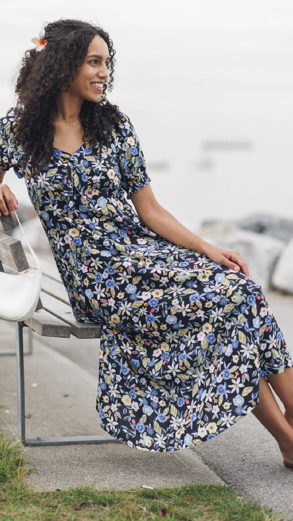 Papillon Floral Puff Sleeve Dress With Elastic