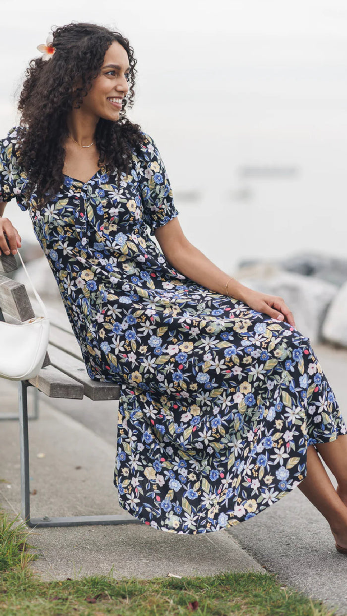 Papillon Floral Puff Sleeve Dress With Elastic