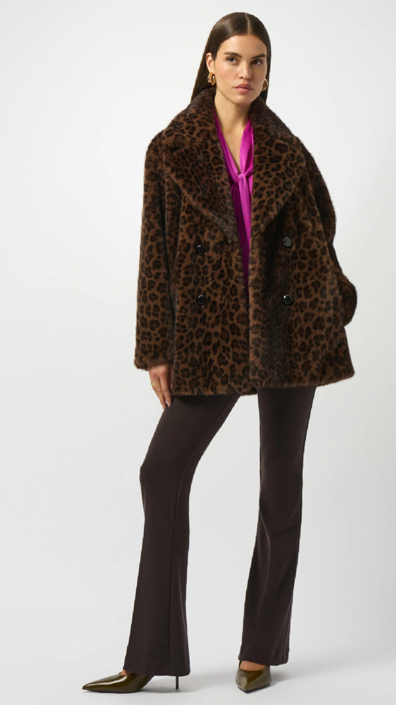 Joseph Ribkoff Faux Fur Leopard Print Double-Breasted Coat