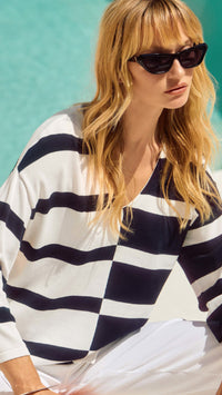 Joseph Ribkoff Striped Sweater Knit V-Neck Pullover