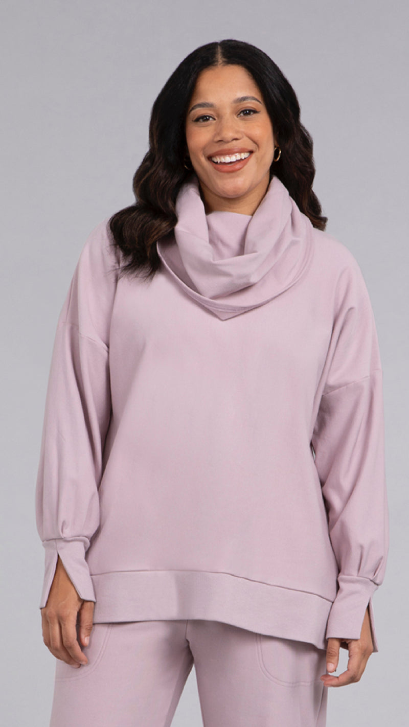 Bamboo Fleece Cowl Neck Pleat Sleeve top, Long Sleeve