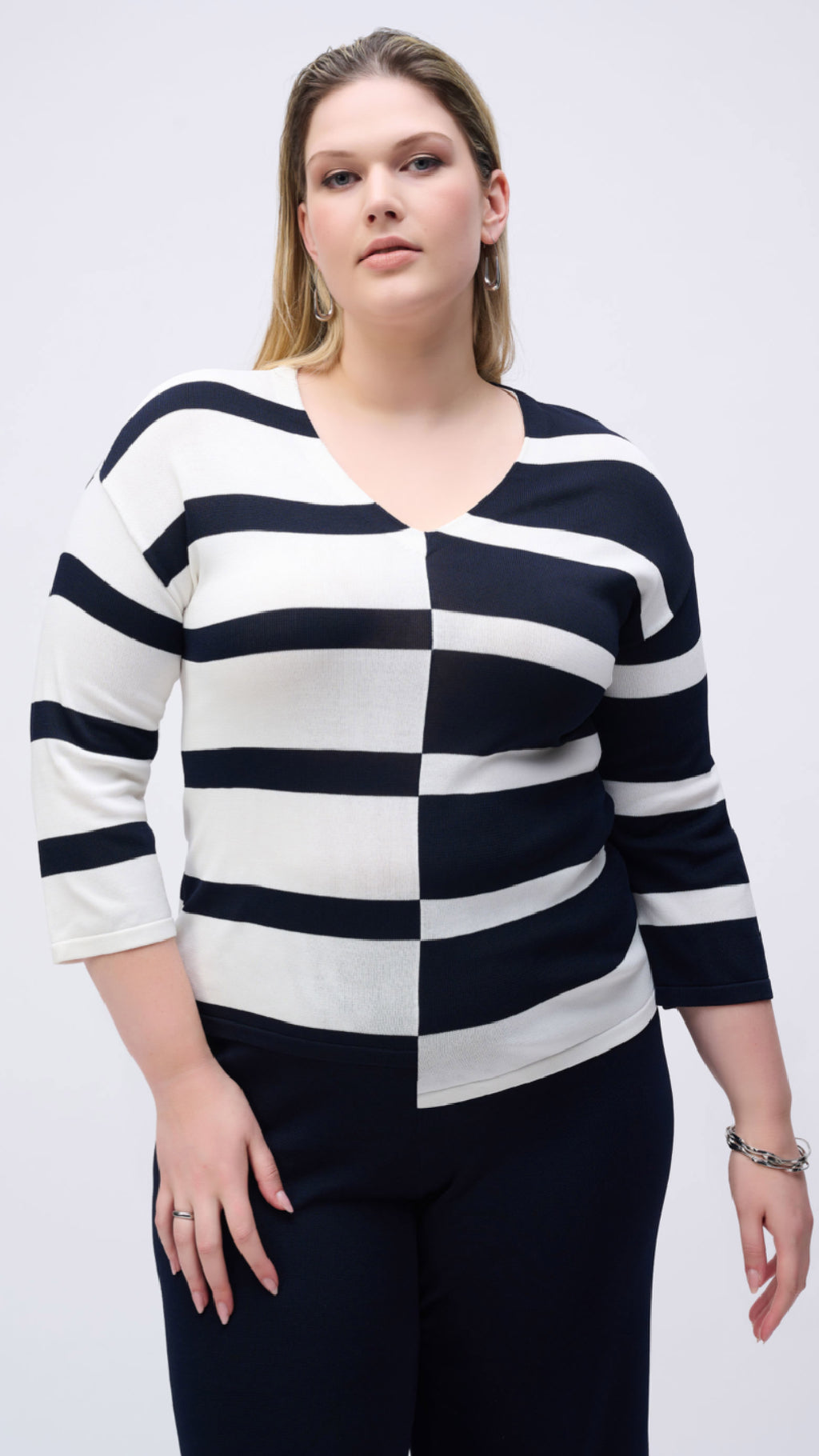 Joseph Ribkoff Striped Sweater Knit V-Neck Pullover