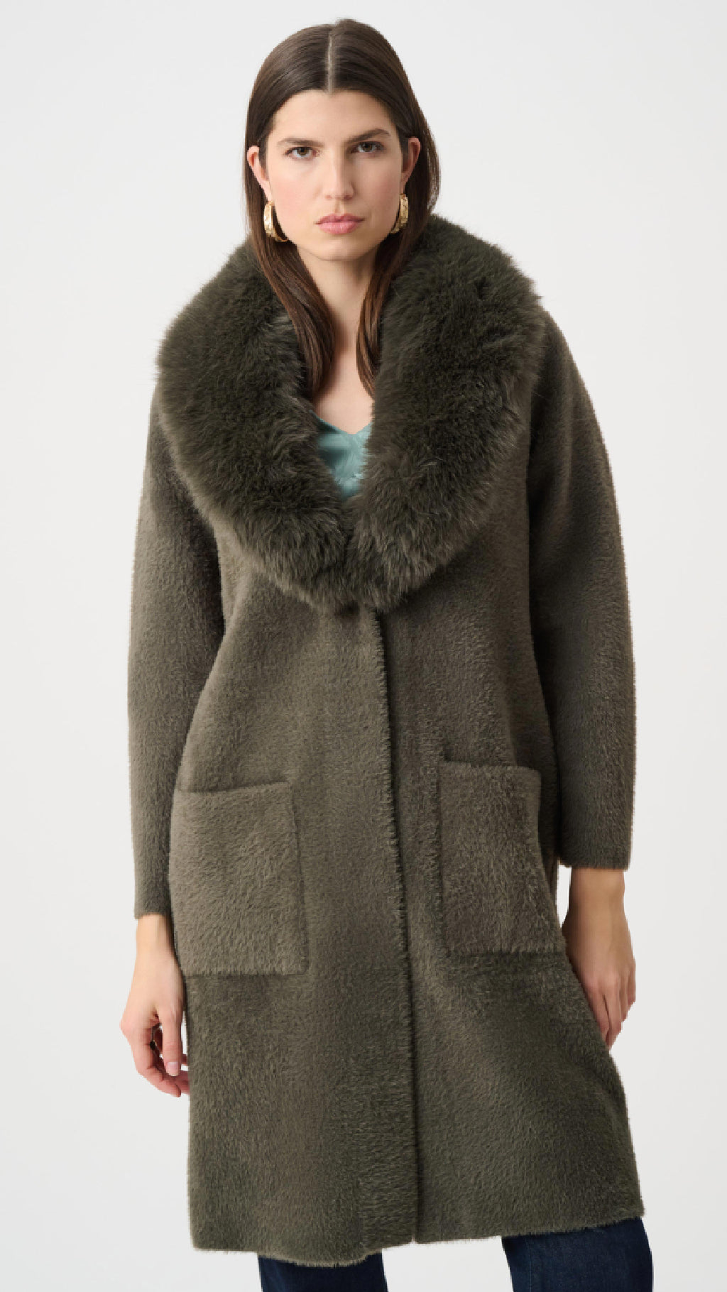Joseph Ribkoff Feather Yarn Coat With Detachable Faux Fur Collar