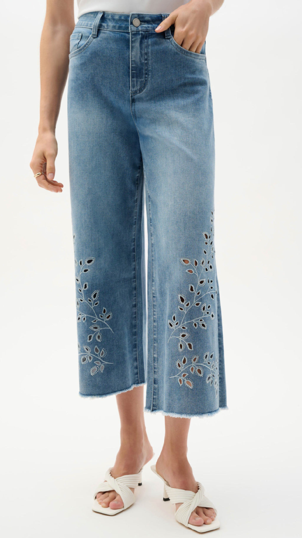 Joseph Ribkoff REPREVE Denim Wide Leg Crop Jeans With Embroidery