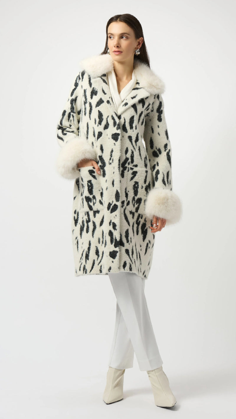 Joseph Ribkoff Feather Yarn Animal Jacquard Coat with Faux Fur Trim