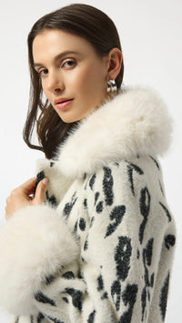 Joseph Ribkoff Feather Yarn Animal Jacquard Coat with Faux Fur Trim