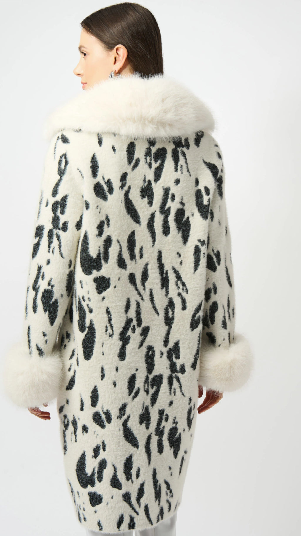 Joseph Ribkoff Feather Yarn Animal Jacquard Coat with Faux Fur Trim
