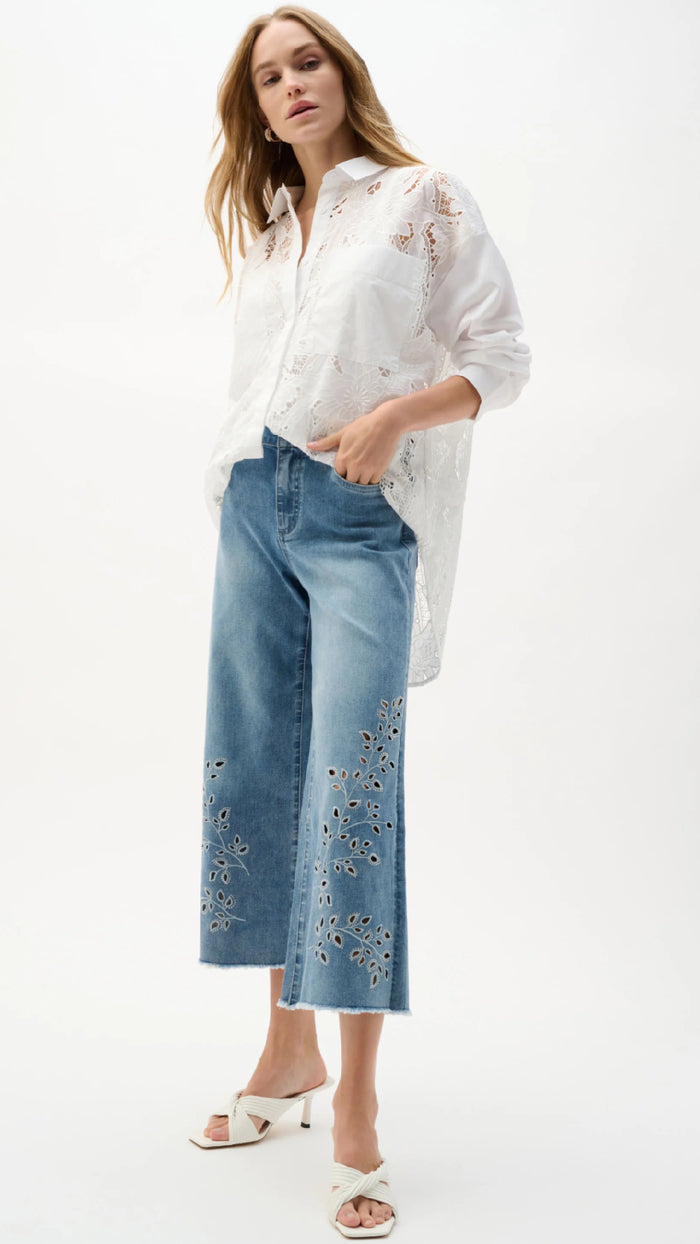 Joseph Ribkoff REPREVE Denim Wide Leg Crop Jeans With Embroidery