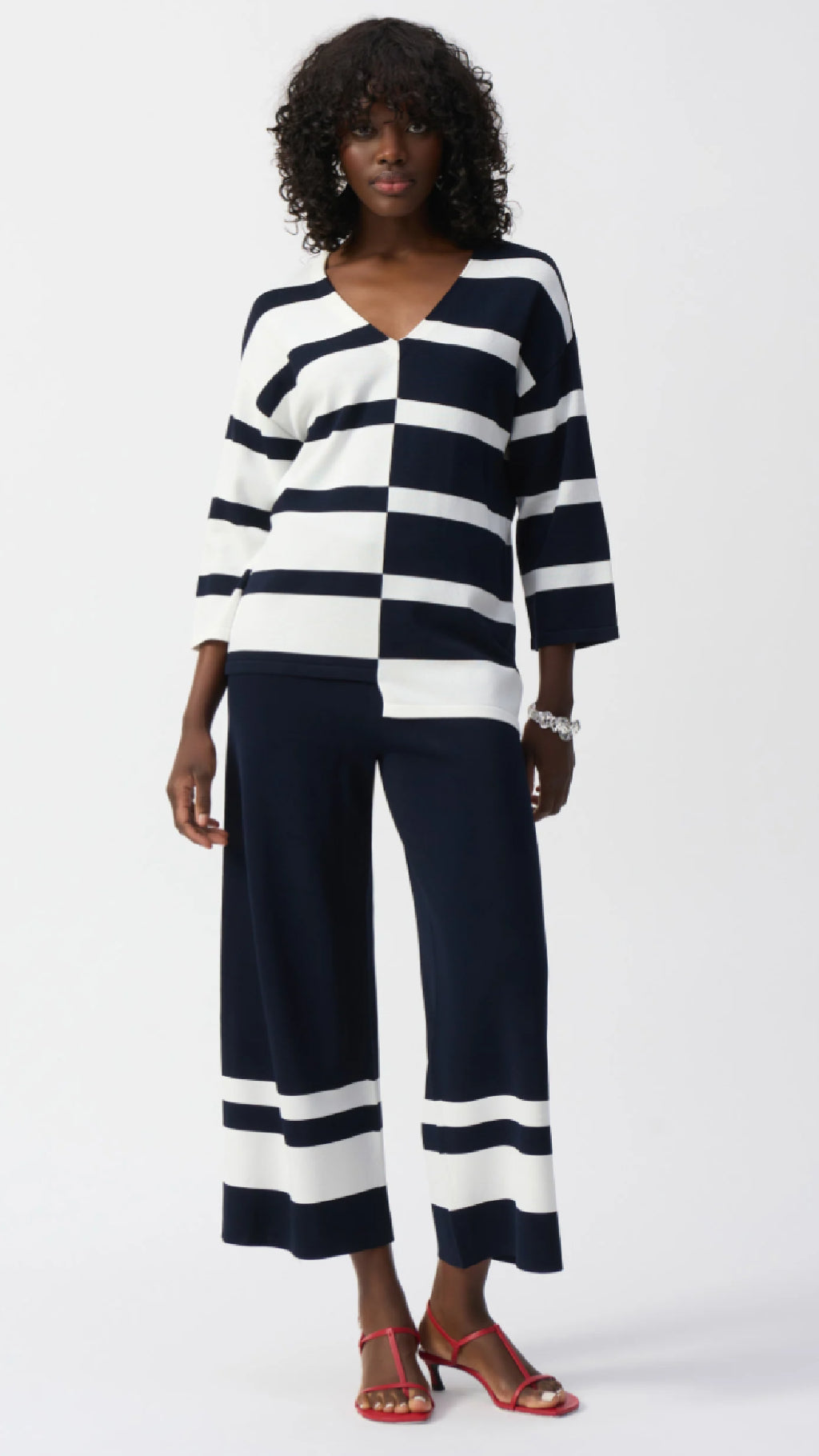 Joseph Ribkoff Striped Sweater Knit V-Neck Pullover