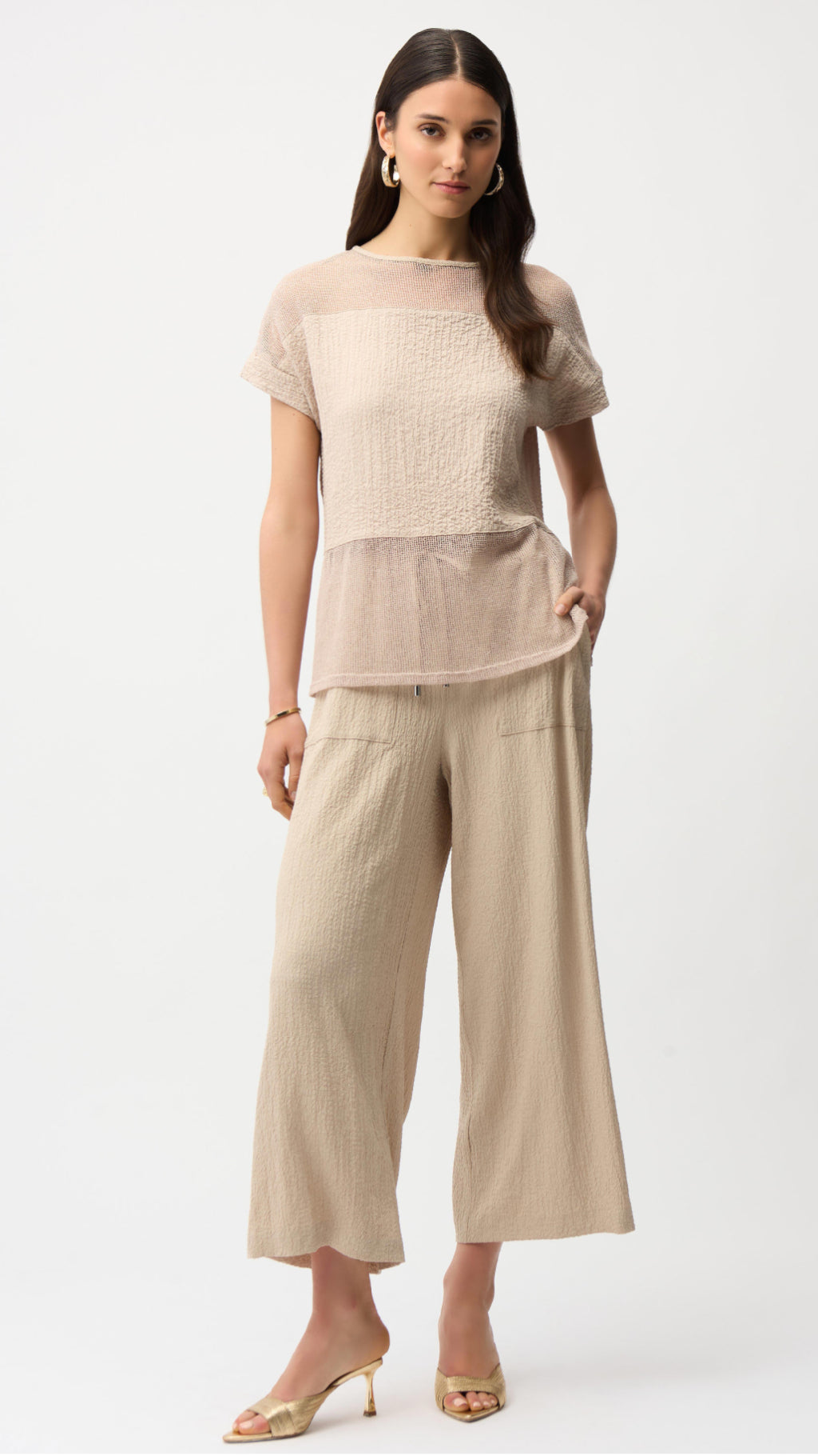Joseph Ribkoff Seesucker Mesh Boxy Top and Pull-On Cropped Pants