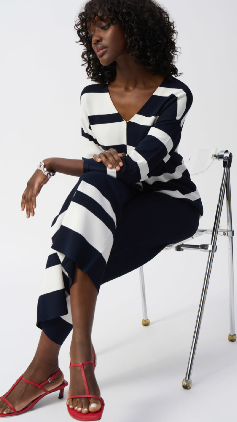 Joseph Ribkoff Striped Sweater Knit V-Neck Pullover