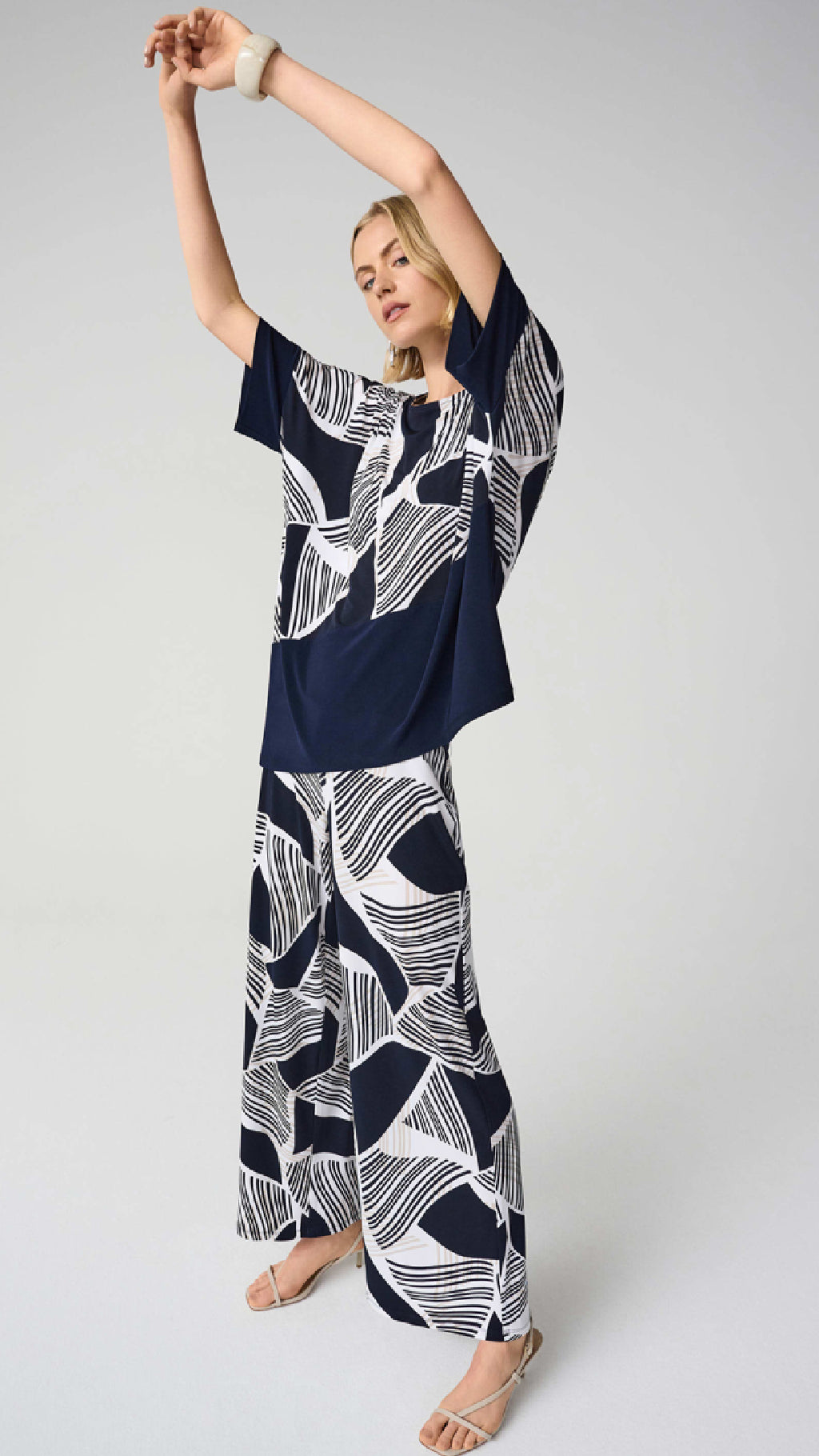 Joseph Ribkoff Silky Knit Geometric Print Asymmetrical Cocoon Top or Pull On Pants.
