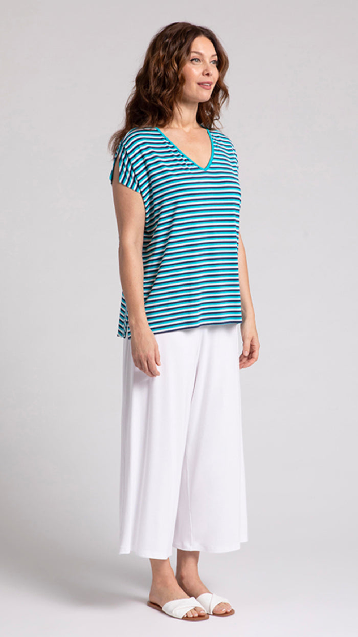 Bamboo V-Neck Slit Sleeve Top, Cap Sleeve, H Print