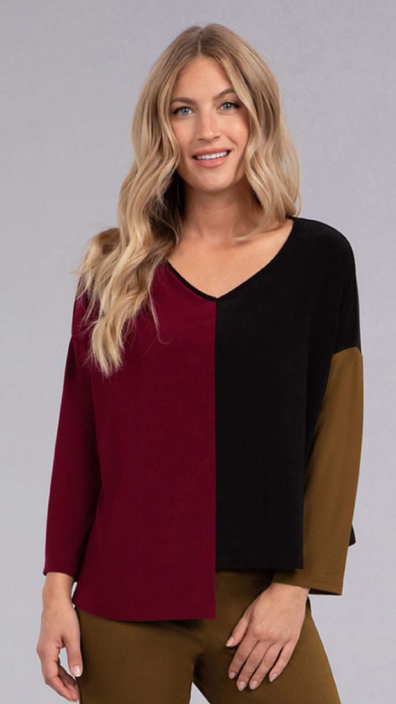 Colour Block Etch V-Neck Top, Long Sleeve (Sale)