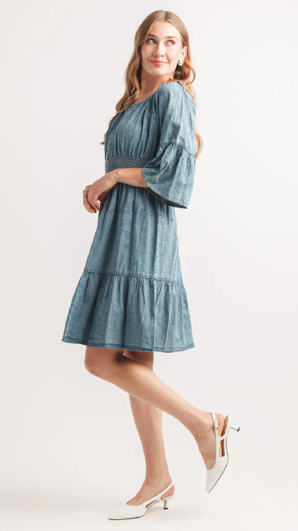 Papillon Bell Sleeve Denim Dress With Elastic Waist