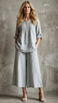 LINEN LUV Linen Pin tuck Blouse and Culotte Pant