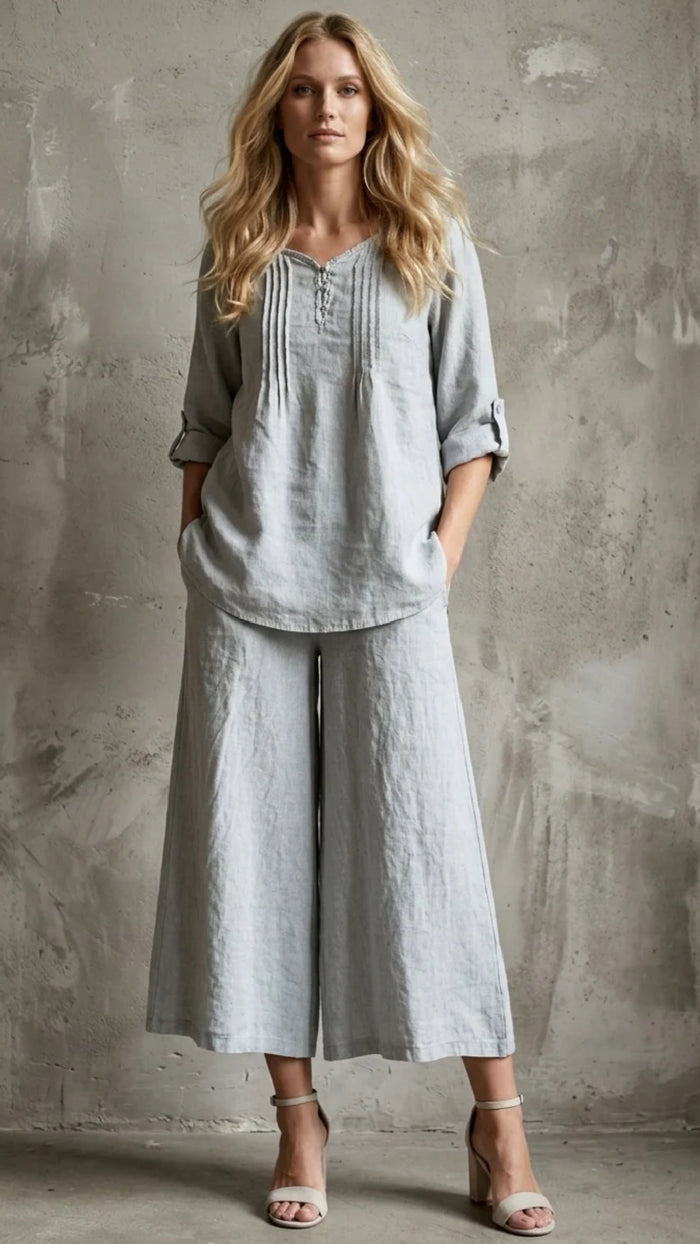 LINEN LUV Linen Pin tuck Blouse and Culotte Pant