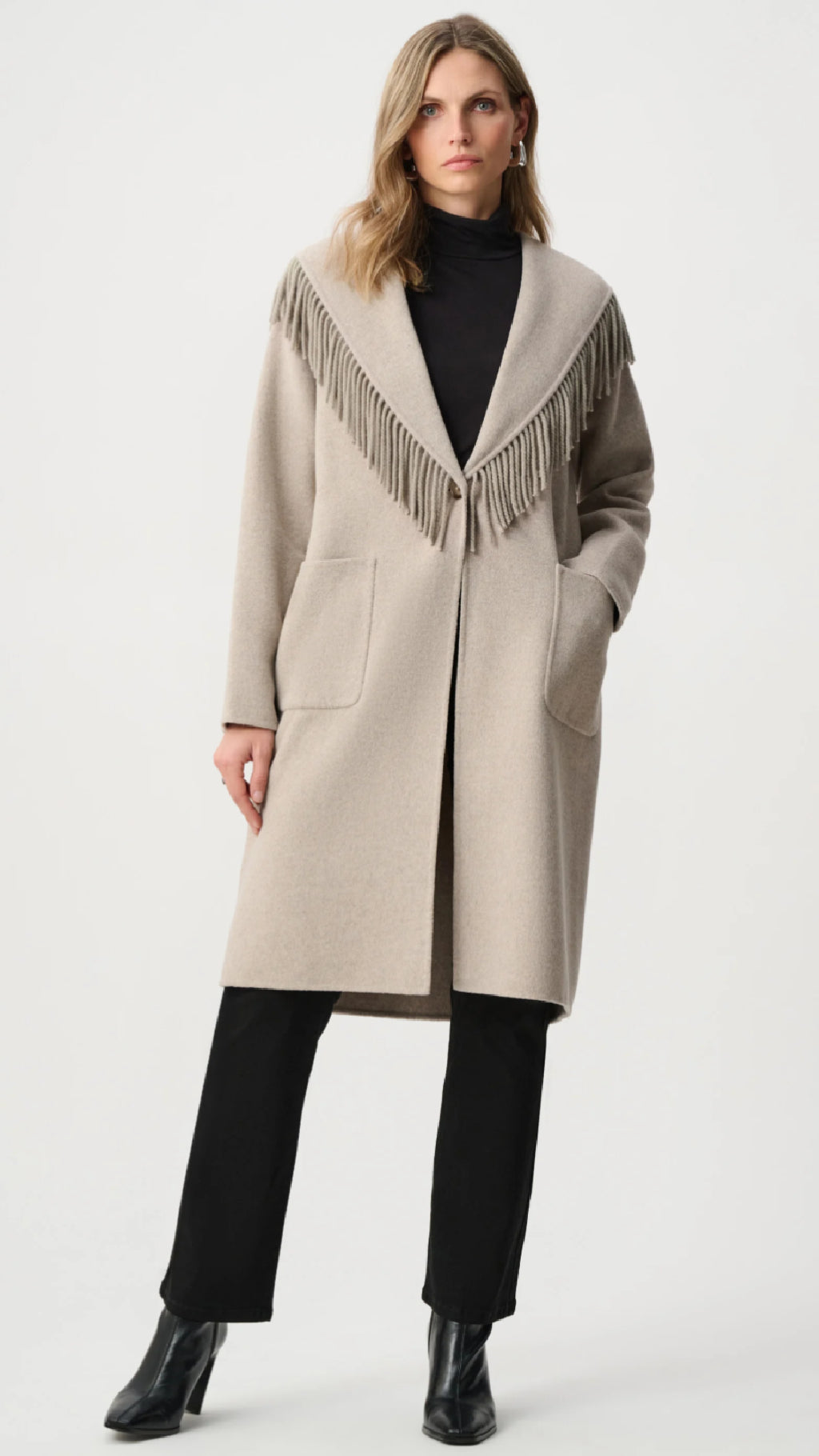 Joseph Ribkoff Wool Blend Shawl Collar Fringed Coat