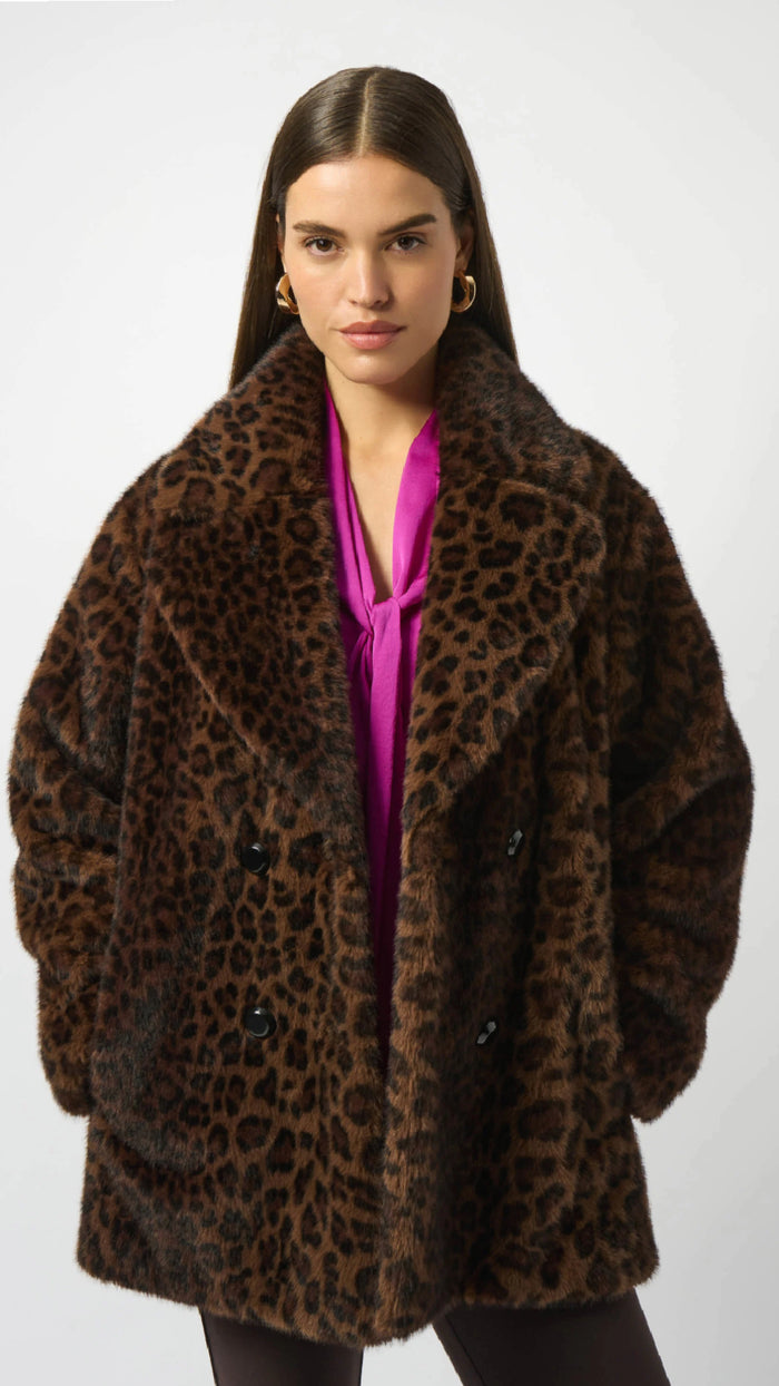 Joseph Ribkoff Faux Fur Leopard Print Double-Breasted Coat