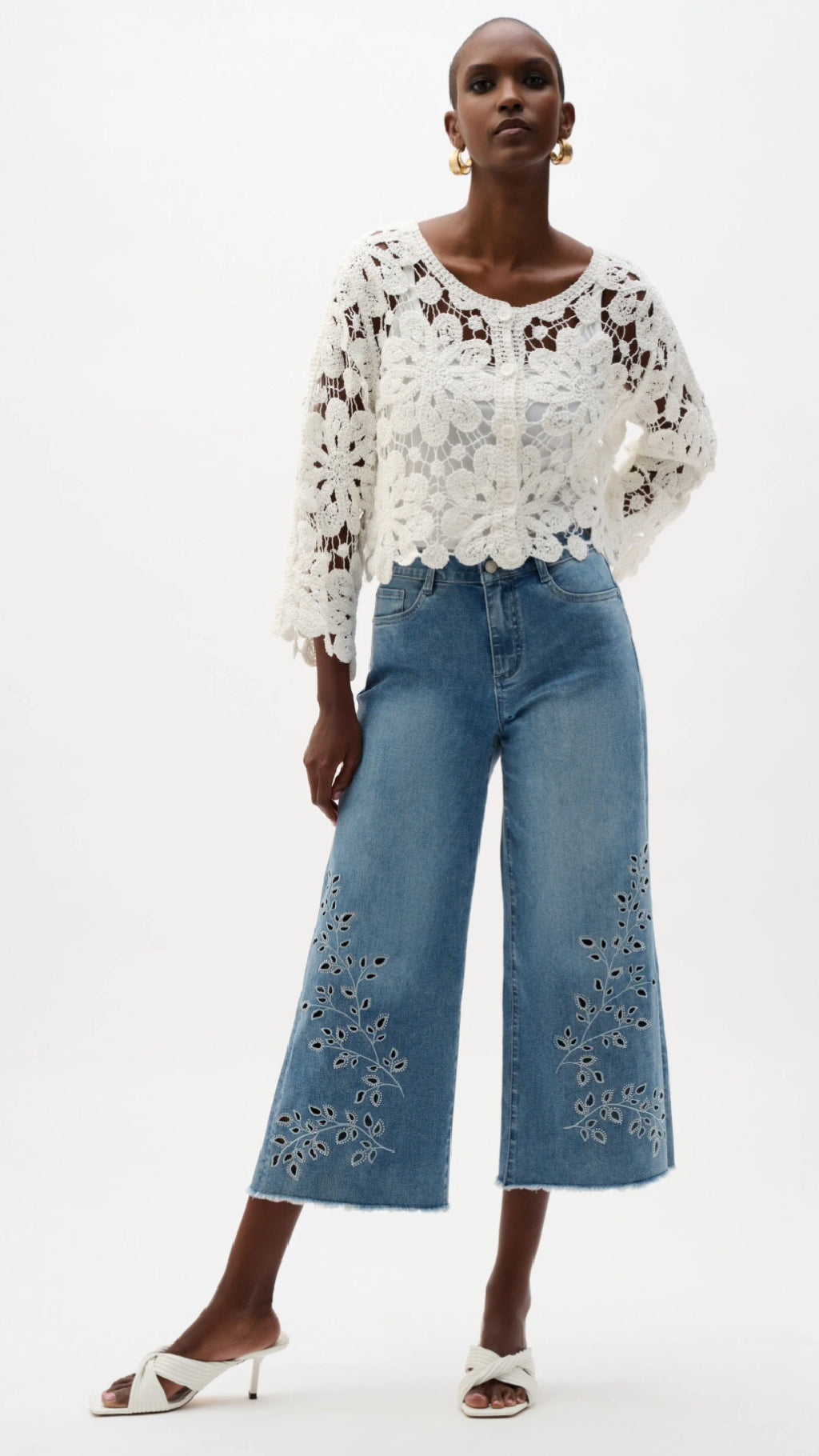 Joseph Ribkoff REPREVE Denim Wide Leg Crop Jeans With Embroidery