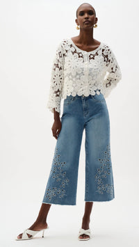 Joseph Ribkoff REPREVE Denim Wide Leg Crop Jeans With Embroidery