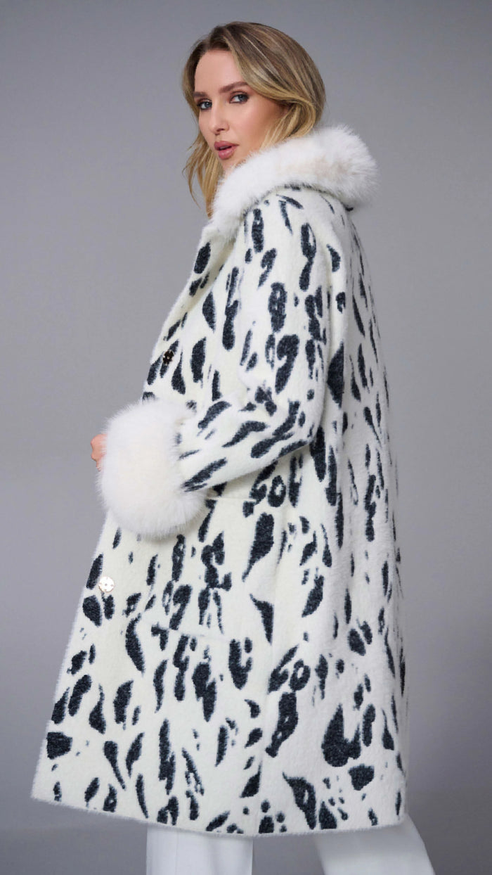 Joseph Ribkoff Feather Yarn Animal Jacquard Coat with Faux Fur Trim