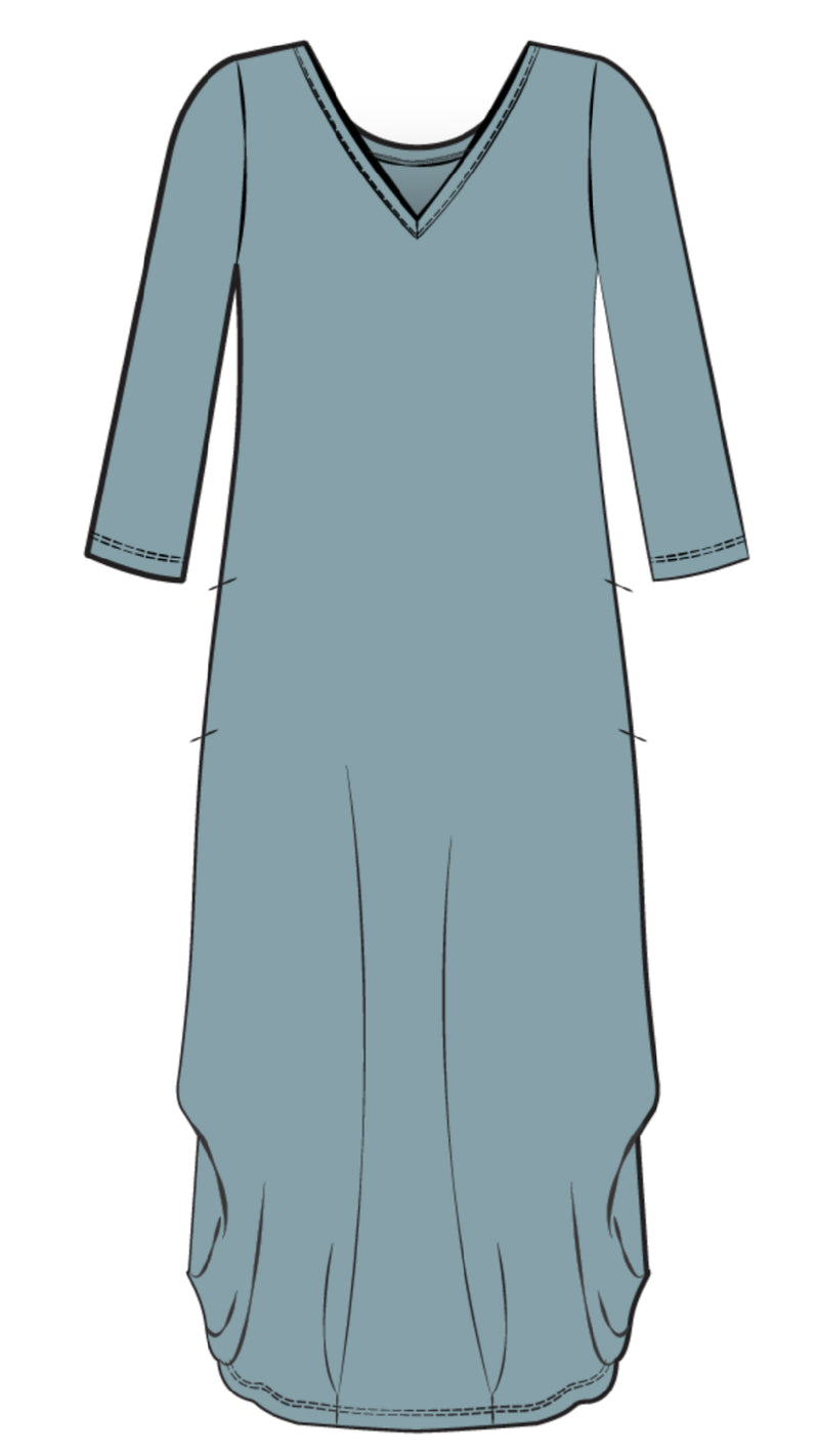 V-Neck Narrow Lantern Dress, 3/4 Sleeve (Con’t…)