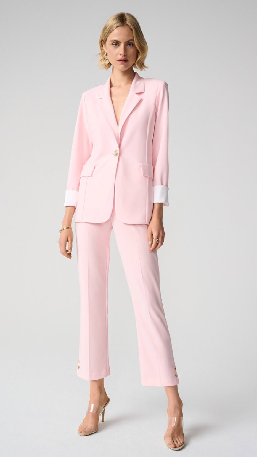 Joseph Ribkoff Silky Knit Fitted Blazer And Cropped Pull-On Pants With Gold Buttons