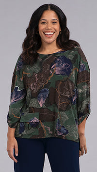 Safari Top, 3/4 Sleeve-Abstract Floral Print