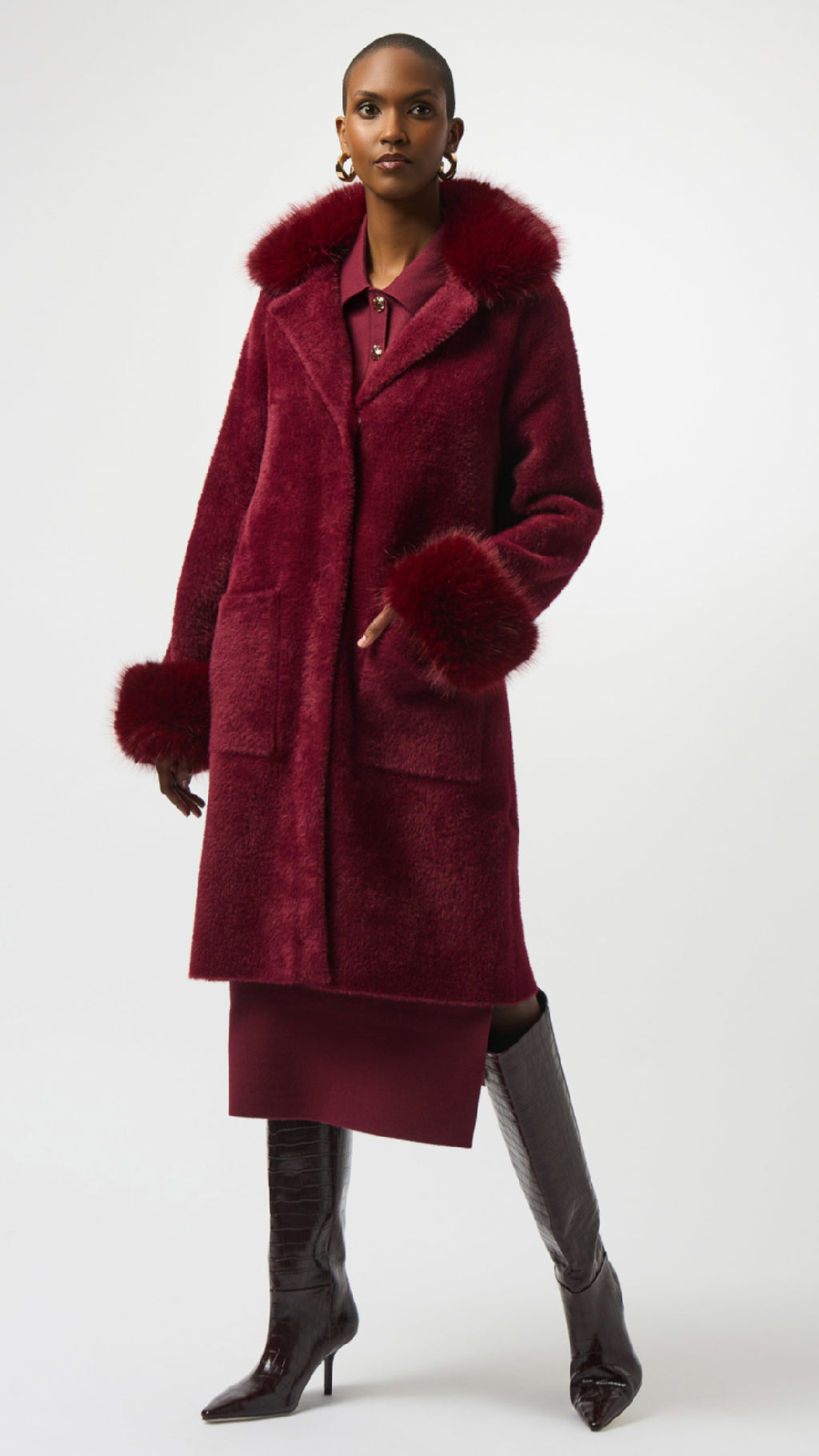 Joseph Ribkoff Feather Yarn and Faux Fur Sweater Coat (selected color on sale)