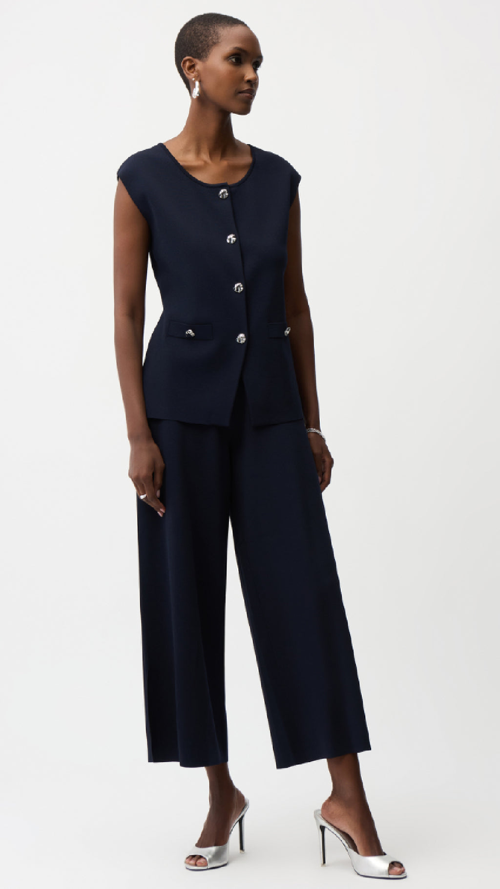 Joseph Ribkoff Viscose Blend Vest with Faux Welt Pockets, Culotte Pants