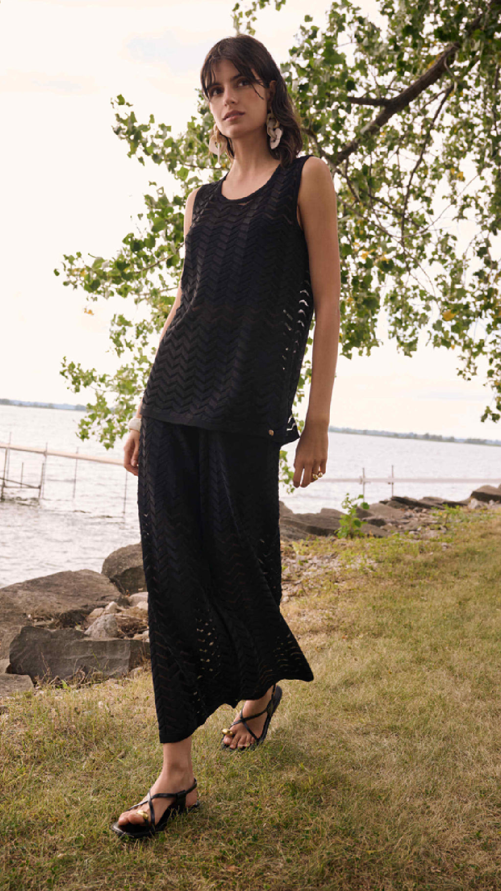 Joseph Ribkoff Viscose Jacquard Knit Chevron Stitch Relaxed Tunic Top and Culotte Pants