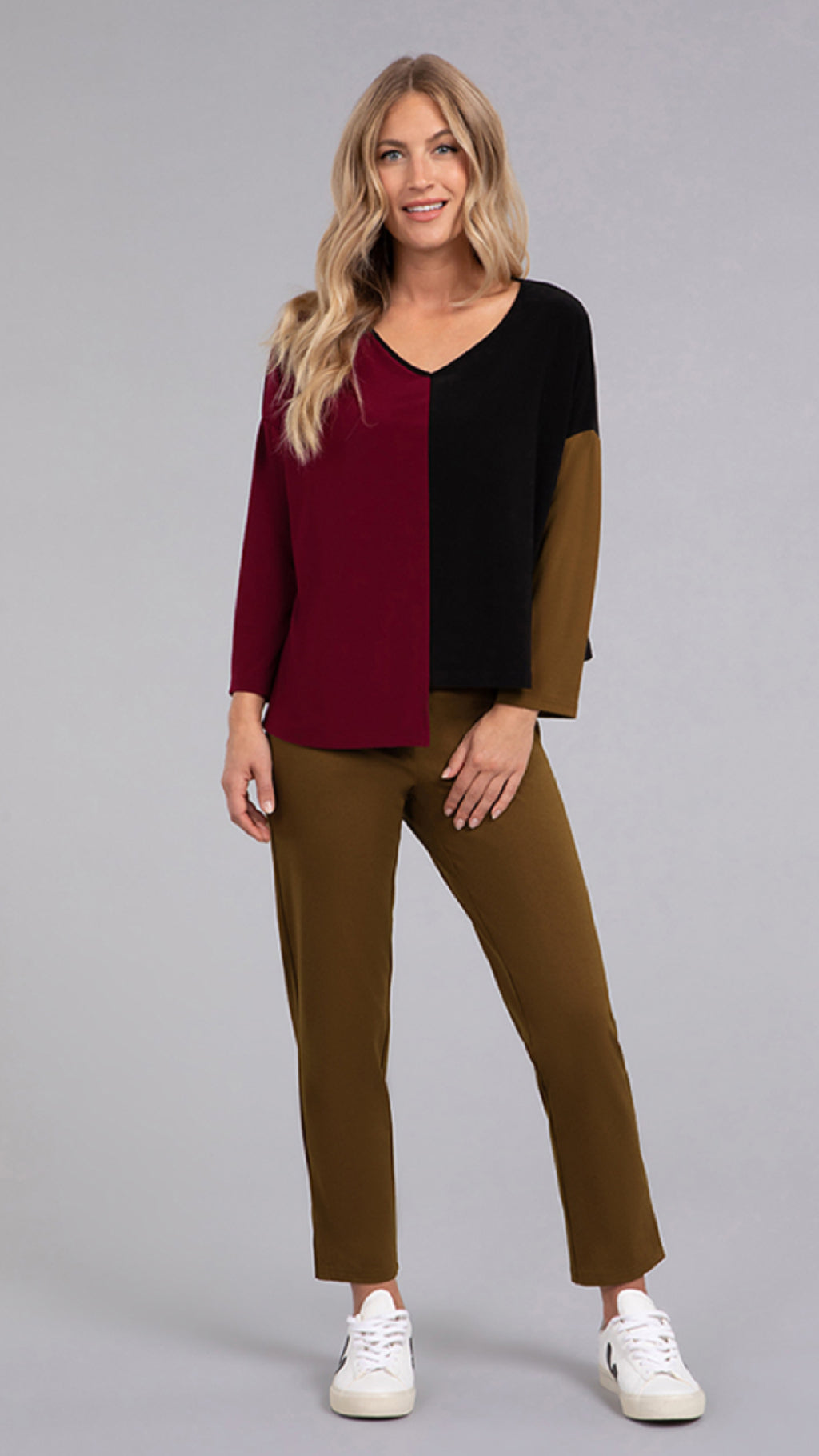 Colour Block Etch V-Neck Top, Long Sleeve (Sale)