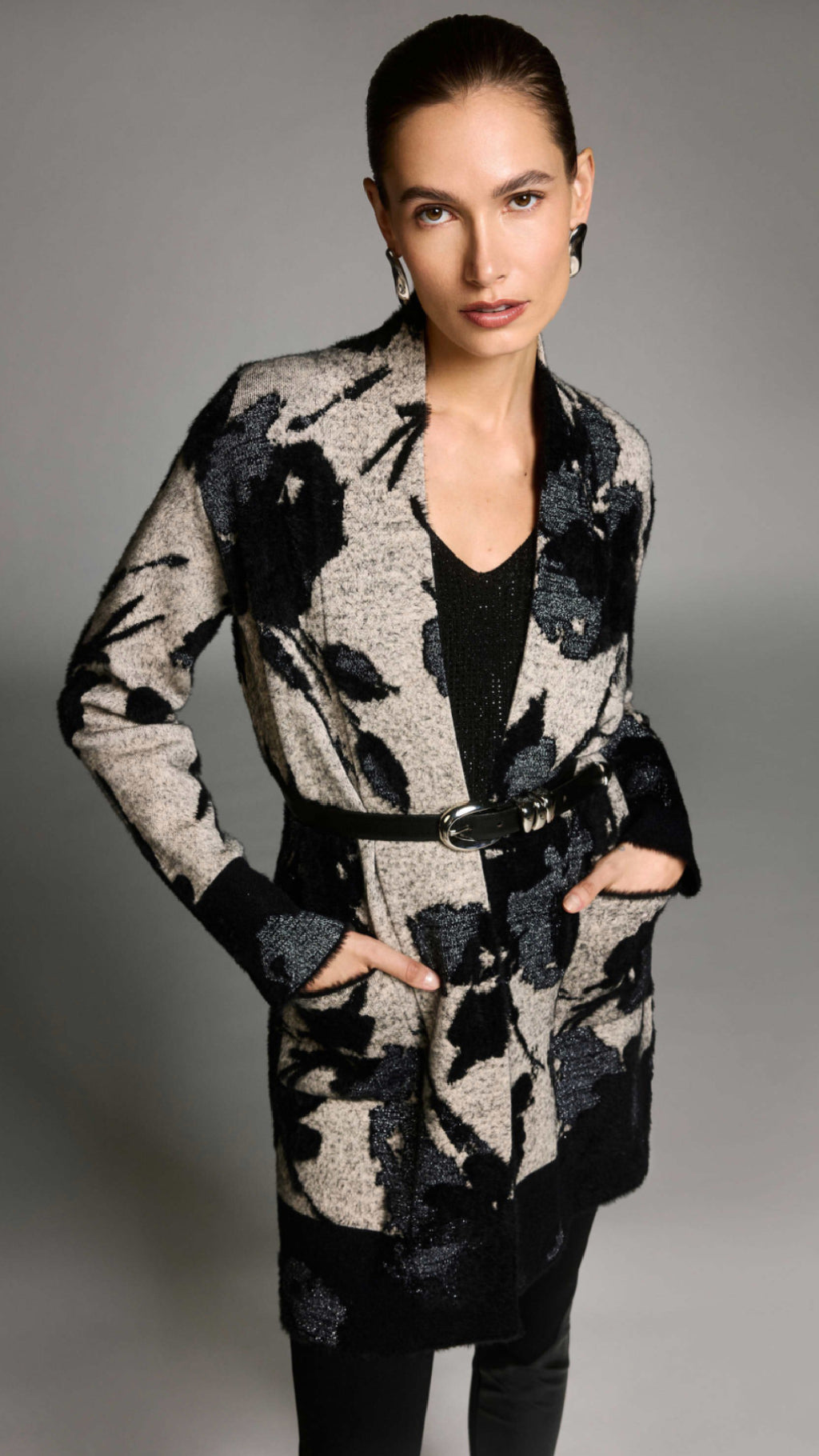 Joseph Ribkoff Abstract Jacquard Sweater Knit Long Cardigan