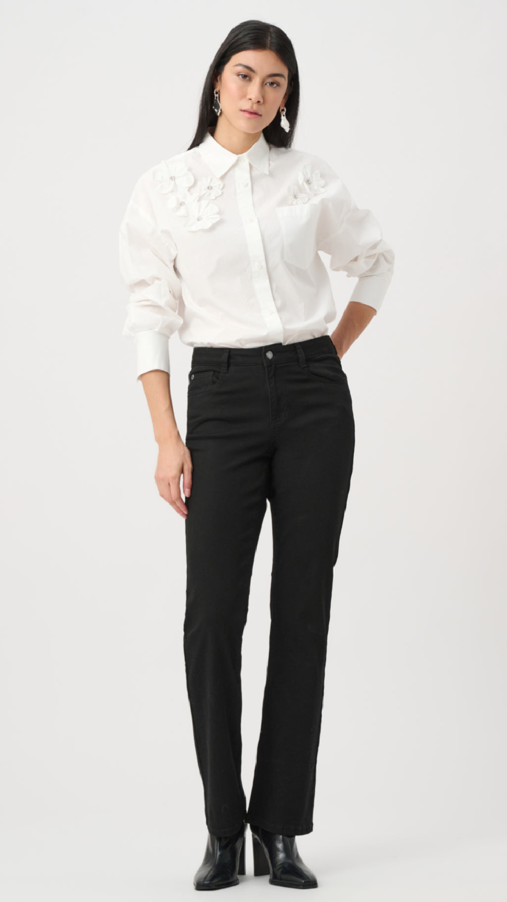 Joseph Ribkoff Cotton Poplin Blouse With 3D Flower and Rhinestone Detail