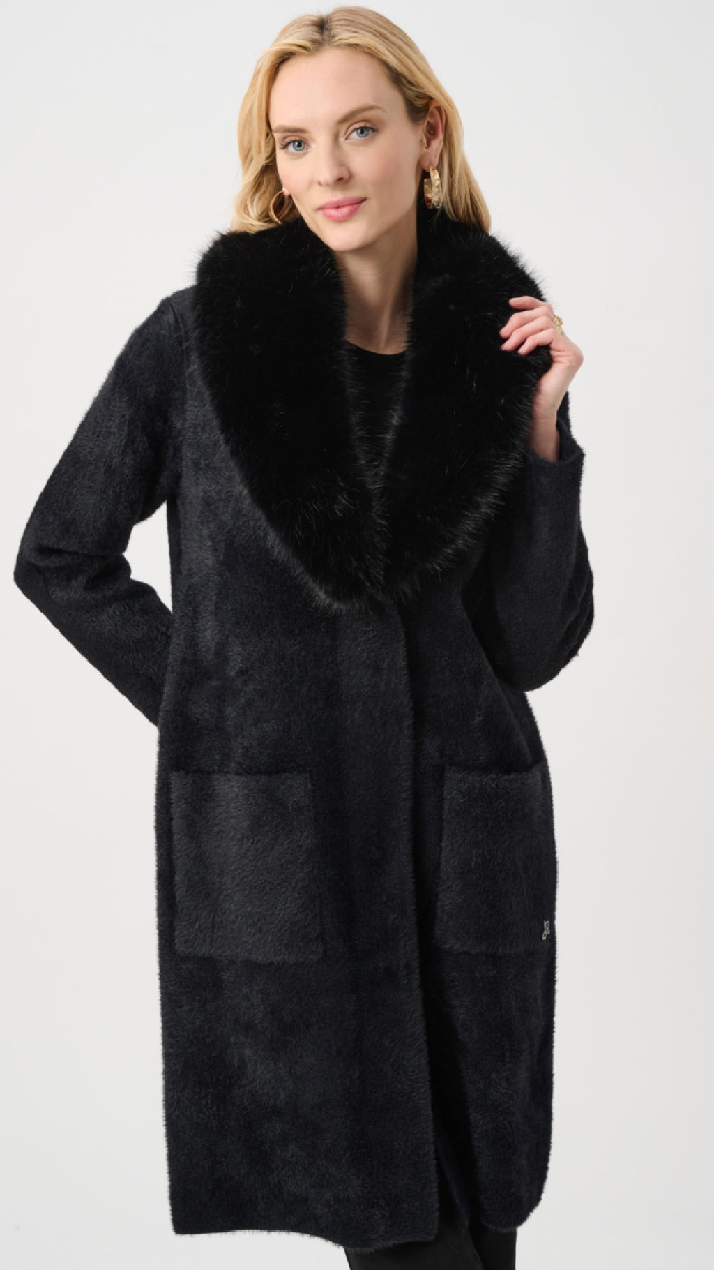 Joseph Ribkoff Feather Yarn Coat With Detachable Faux Fur Collar