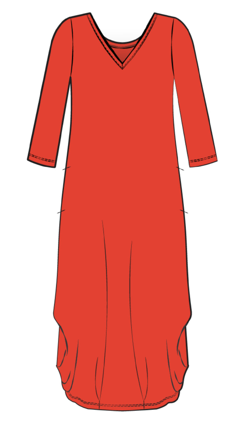 V-Neck Narrow Lantern Dress, 3/4 Sleeve
