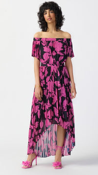 Floral Print Chiffon Off-Shoulder Pleated Dress