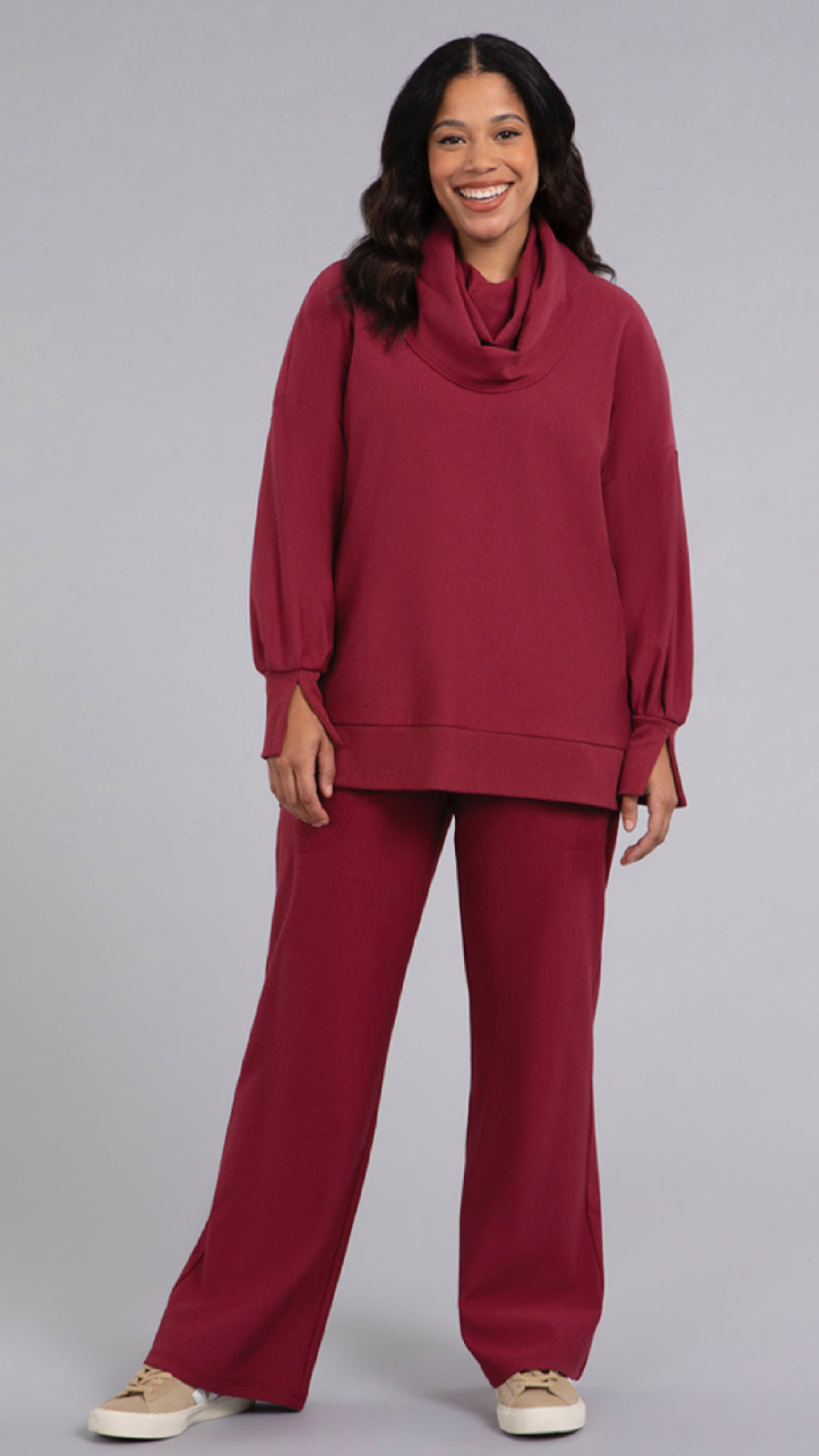 Bamboo Fleece Cowl Neck Pleat Sleeve top, Long Sleeve