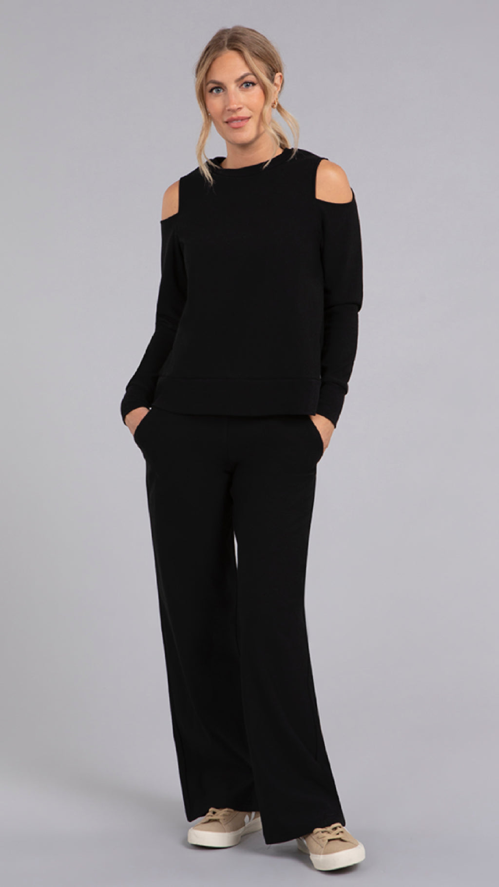 Bamboo Fleece Cut Out Shoulder Top, Long Sleeve