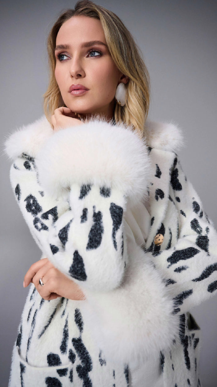 Joseph Ribkoff Feather Yarn Animal Jacquard Coat with Faux Fur Trim