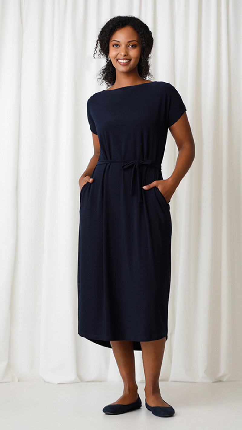 Boat Neck Belted Dress, Cap sleeve