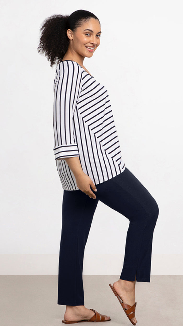 Striped Angle Seam Raglan Top, 3/4 Sleeve