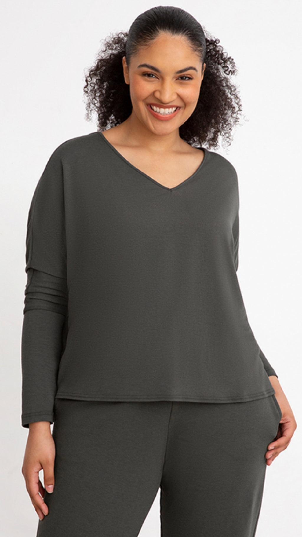 Bamboo Cotton V-Neck Boxy Top, Long Sleeve (Sale)