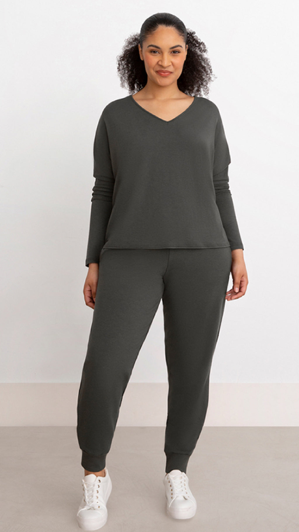 Bamboo Cotton V-Neck Boxy Top, Long Sleeve (Sale)