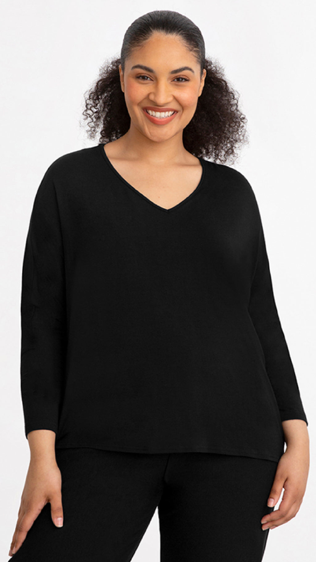 Bamboo Cotton V-Neck Boxy Top, Long Sleeve (Sale)