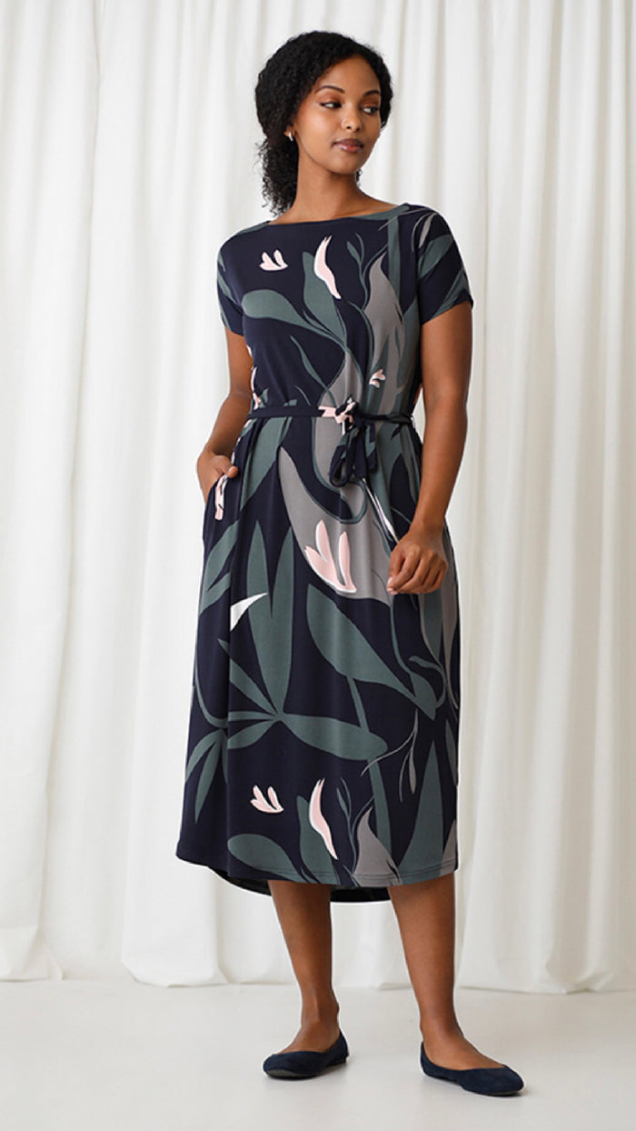Boat Neck Belted Dress, Cap sleeve (Sale)