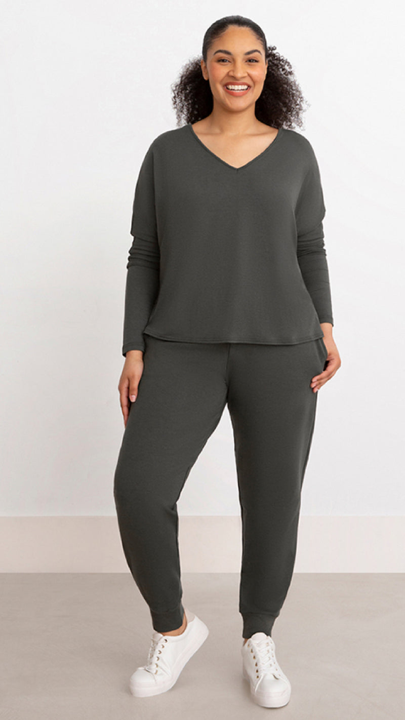 Bamboo Cotton V-Neck Boxy Top, Long Sleeve (Sale)